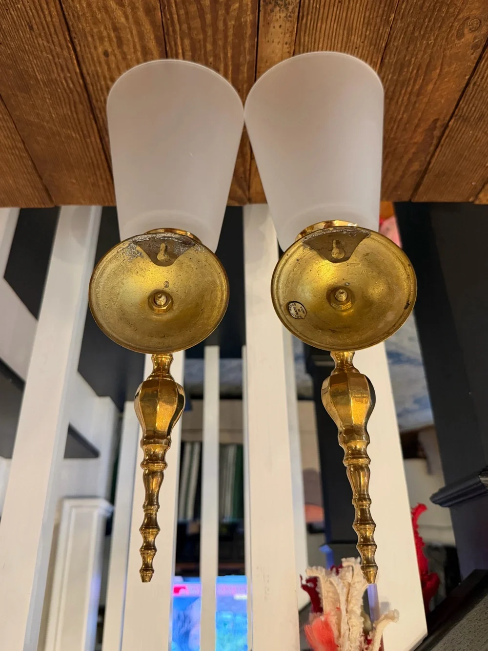 Pair of Vintage Polished Brass Candle Wall Sconces with Frosted White Shades